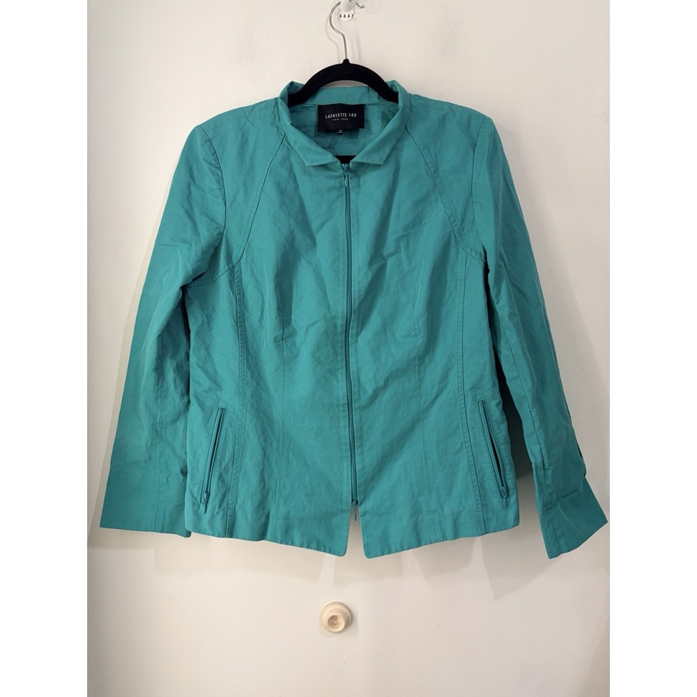 Lafayette 148 New York Linen Blend Zip‎ Jacket Teal Women's Size 14 Career